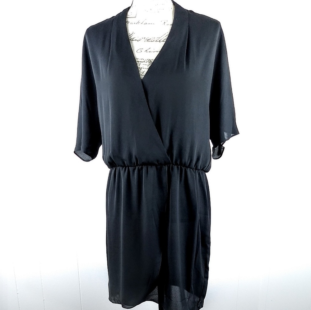 Basic Black Dress V Neck Elastic Waist Knee Midi L